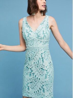 Anthropologie Maeve Gardenia Lace Column Dress Aqua V-Neck Size 4